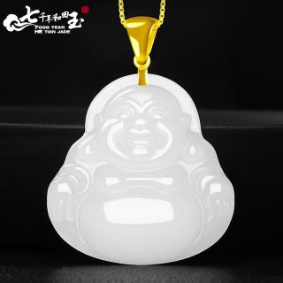7000年和田玉吊坠足金镶嵌羊脂白玉佛玉坠